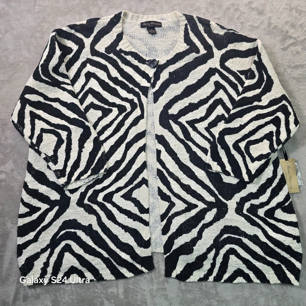 Marisa Christina Cardigan Sweater Womens 3X White Black Zebra Print Button Front